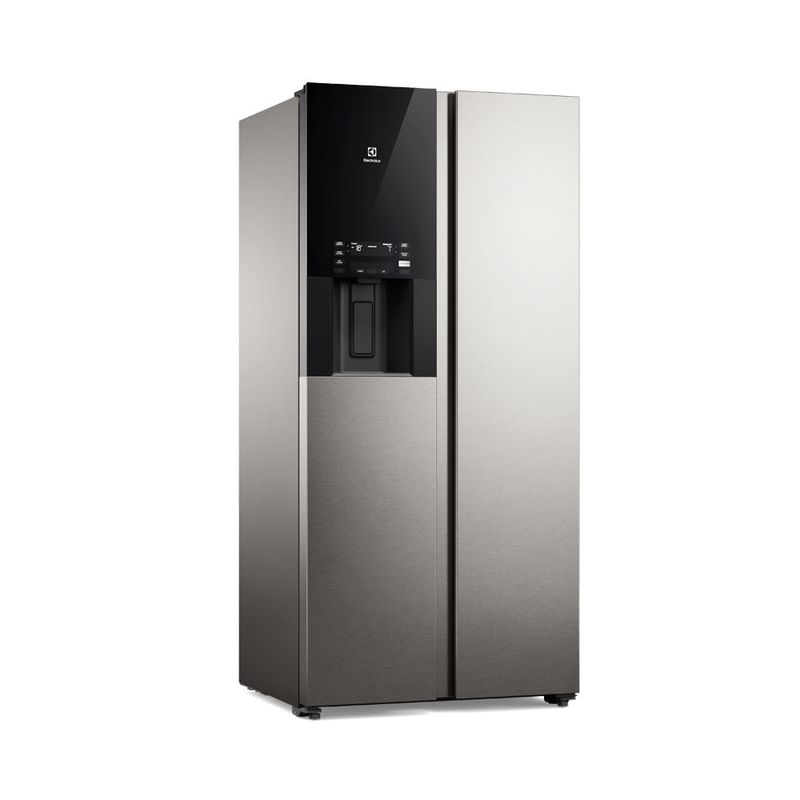Refrigeradora Electrolux 481L gris con dispensador de agua frontal oblicuo