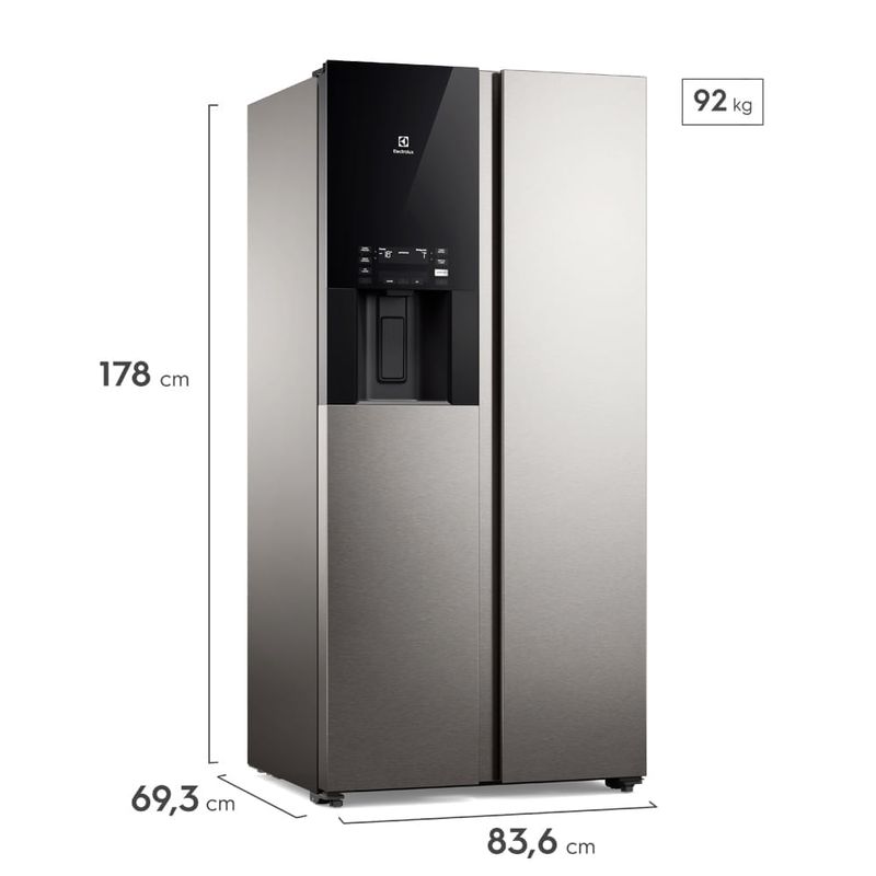 Refrigeradora Electrolux 481L gris con dispensador de agua frontal oblicuo medidas