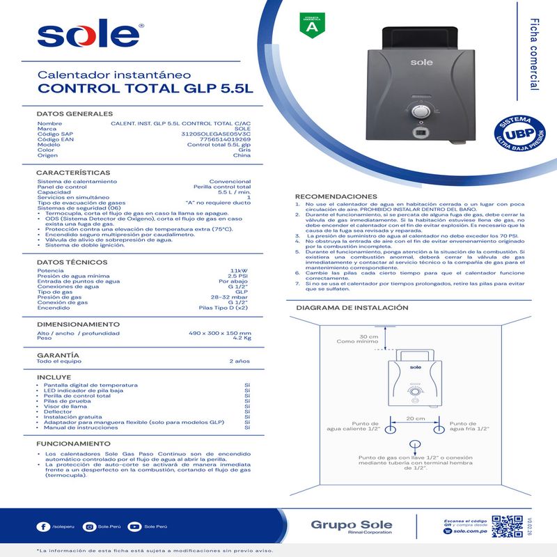 Calentador instantáneo Sole 5.5L GLP, 11KW, control total frontal especificaciones