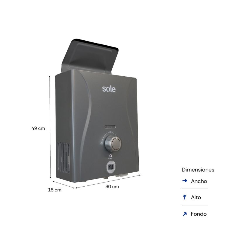 Calentador instantáneo Sole 5.5L GLP, 11KW, control total frontal medidas