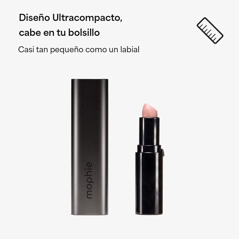 Batería externa mophie Mini 5000mAh USB-C PD 20W negra frontal beneficios tamaño