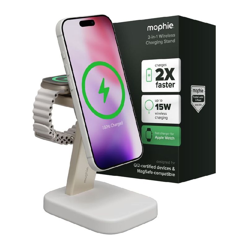 Base mophie 2 en 1 Qi2 para iPhone y Apple Watch 15W empaque