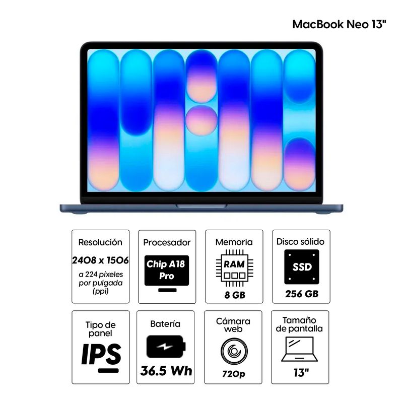 MacBook Neo 13" A18 Pro 256GB 8GB índigo especificaciones