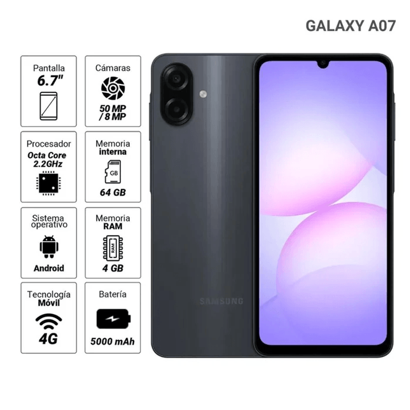 Celular Samsung Galaxy A07 4G 64GB negro, cámara 50MP frontal beneficio