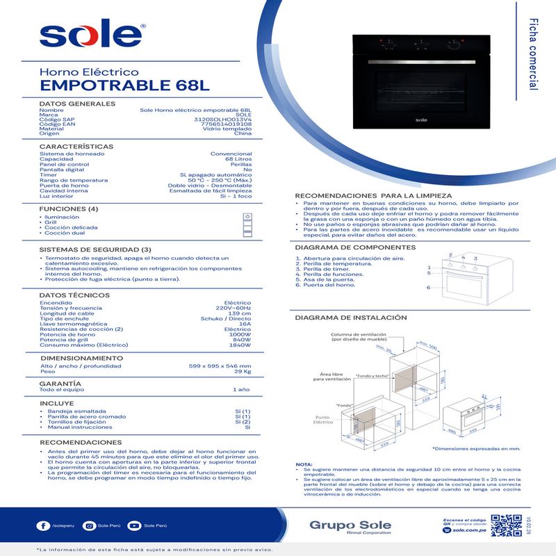 Horno eléctrico empotrable Sole 68L vidrio templado negro especificaciones