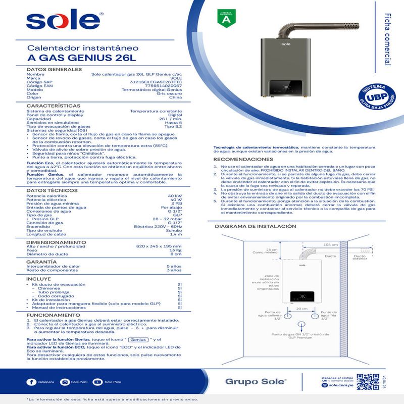 Calentador de agua Sole gas GLP 26L digital gris oscuro detalle