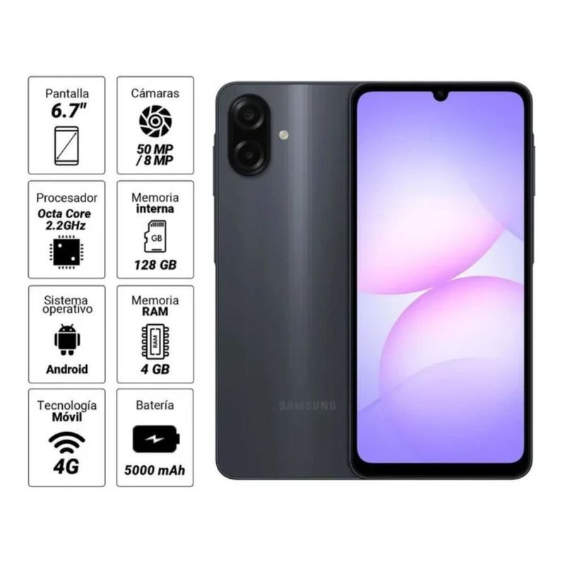 Celular Samsung Galaxy A07 128GB 4GB RAM cámara 50MP negro especificaciones