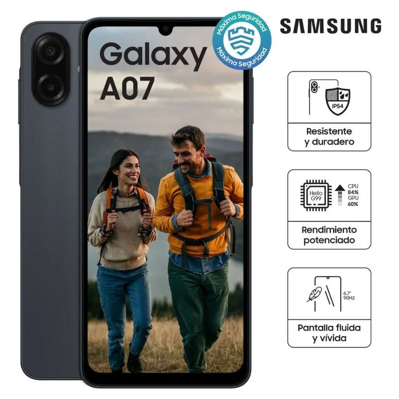 Celular Samsung Galaxy A07 128GB 4GB RAM cámara 50MP negro beneficios