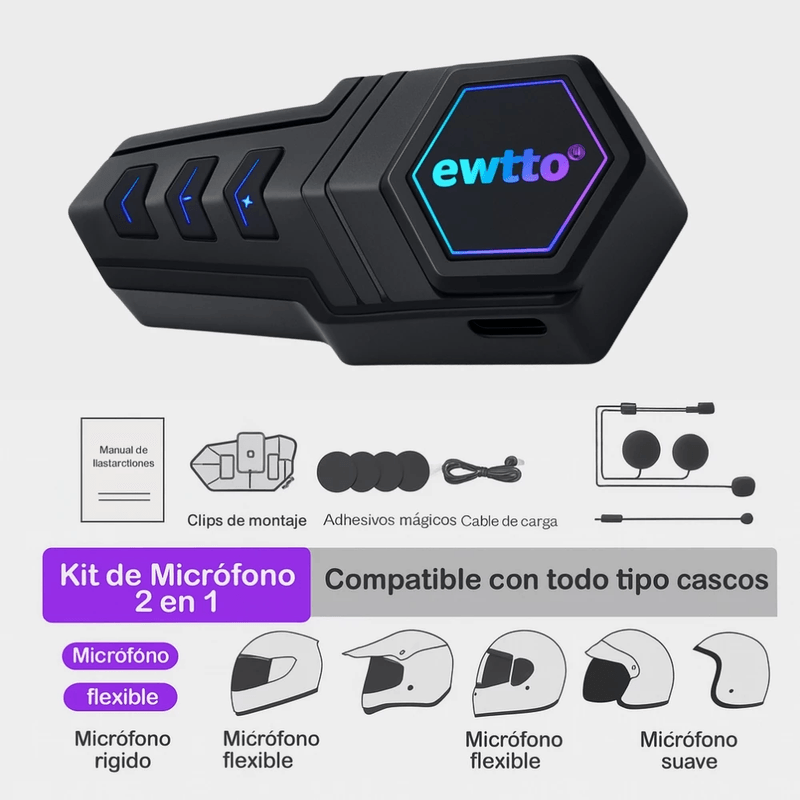 Intercomunicador Bluetooth Ewtto ET-A4956B negro resistencia al agua IPX6