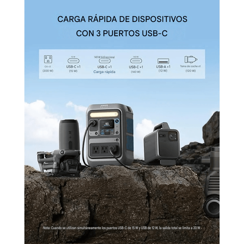 Estación Anker SOLIX C300 288Wh 300W con 8 puertos USB-C frontal carga
