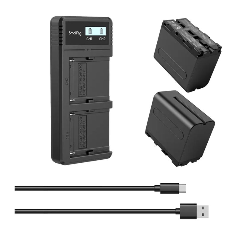 Kit SmallRig batería NP-F970 y cargador para cámaras Sony vista frontal oblicua