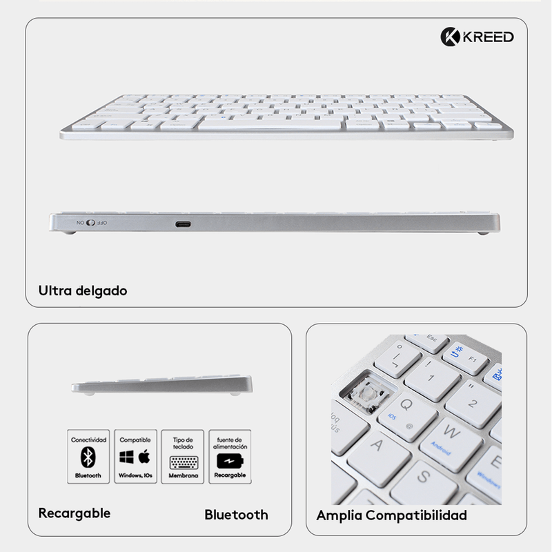 Kit Kreed Teclado y Mouse Bluetooth Recargable Blanco especificaciones