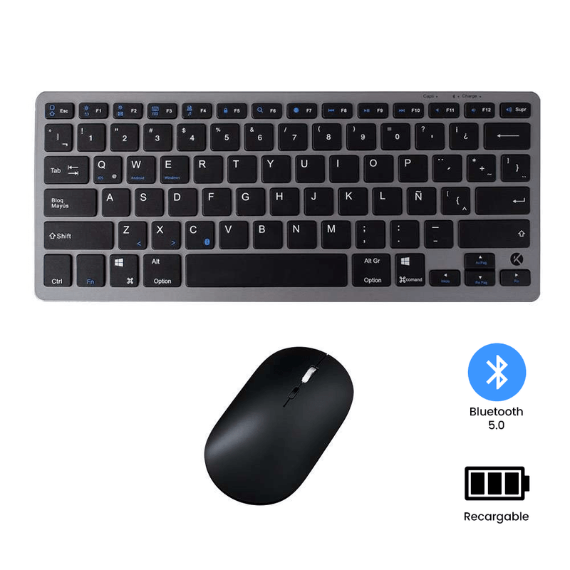 Kit Kreed Teclado y Mouse Bluetooth Recargable Negro frontal kit conexion