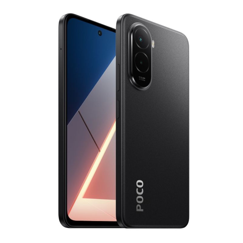 Celular Xiaomi POCO M7 128GB 6GB RAM cámara 50MP negro dorsal oblicuo