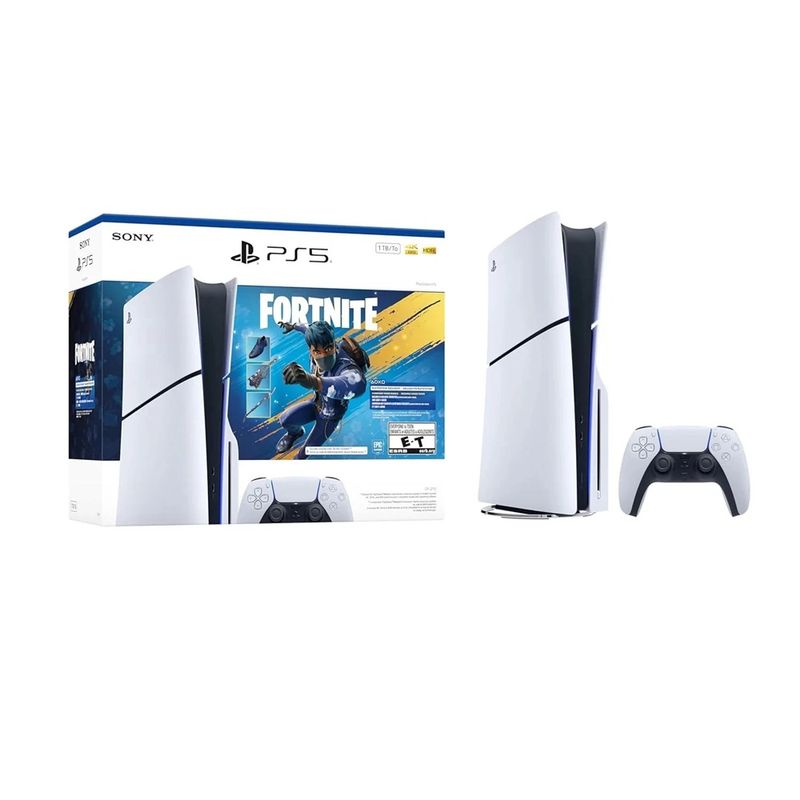 Consola PS5 Slim Disco 1TB Fortnite Edition con DualSense frontal empaque
