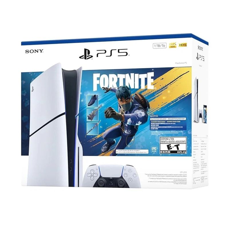 Consola PS5 Slim Disco 1TB Fortnite Edition con DualSense diagonal