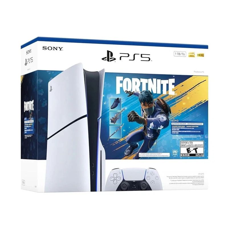 Consola PS5 Slim Disco 1TB Fortnite Edition con DualSense frontal oblicuo