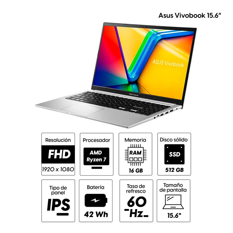 Laptop Asus Vivobook 15 Ryzen 7 16 GB RAM 512 GB Plata especificaciones