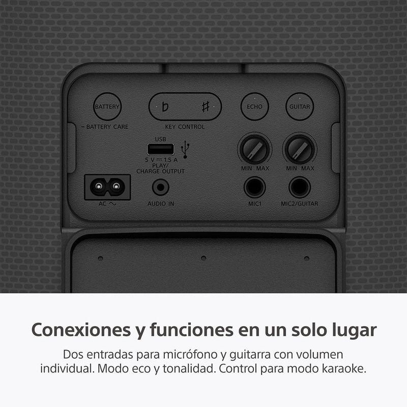 Parlante Sony SRS-XV500 Mega Bass Karaoke Bluetooth Negro frontal detalle entradas