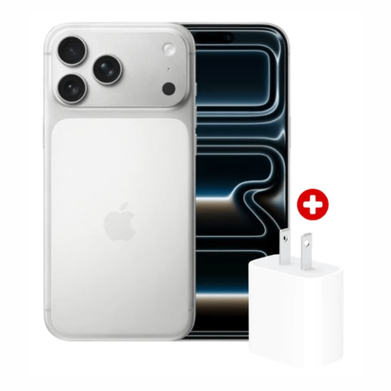 iPhone 17 Pro Max Silver y cubo de carga