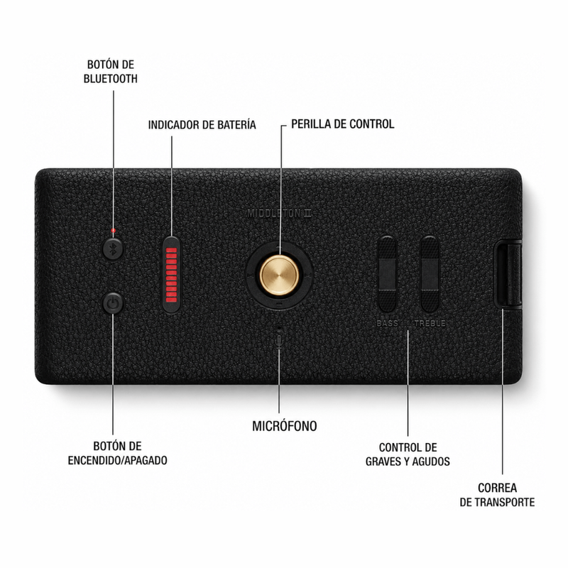 Parlante Bluetooth Marshall Middleton II IP67 30h negro controles
