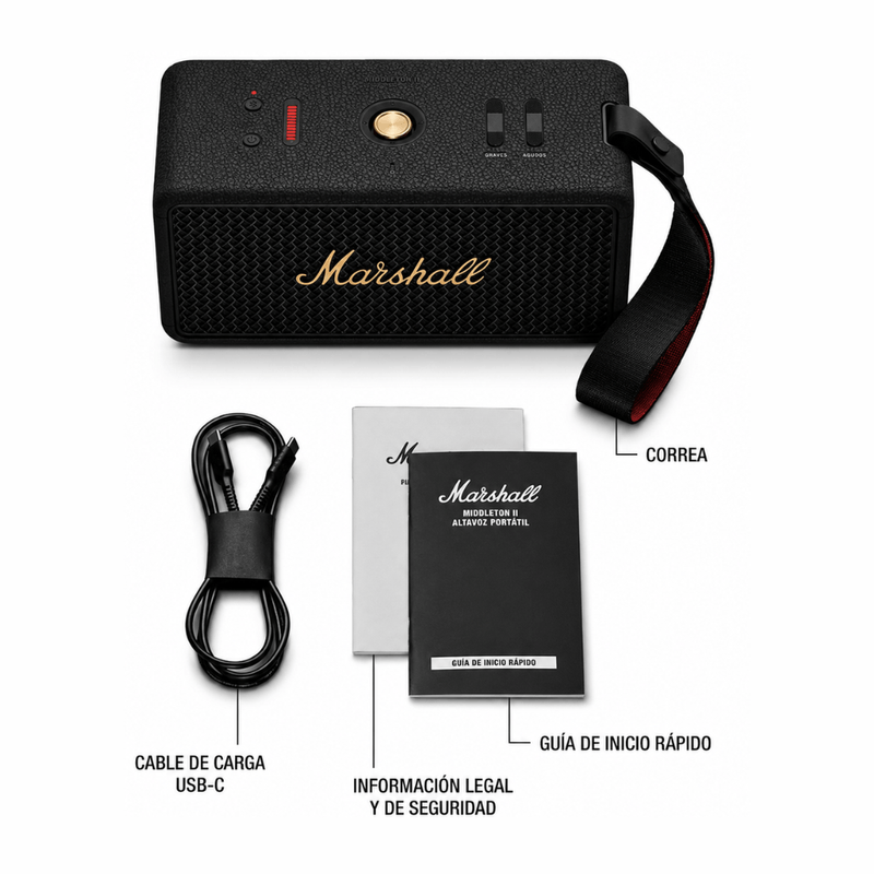Parlante Bluetooth Marshall Middleton II IP67 30h negro contenido de caja
