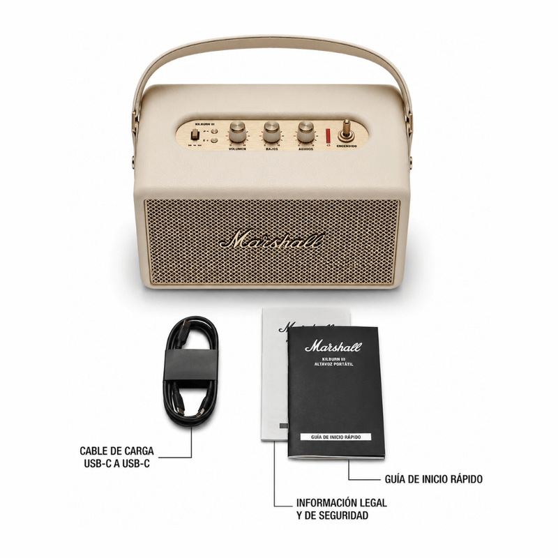 Parlante Bluetooth Marshall Kilburn III IP54 50h marrón contenido de caja