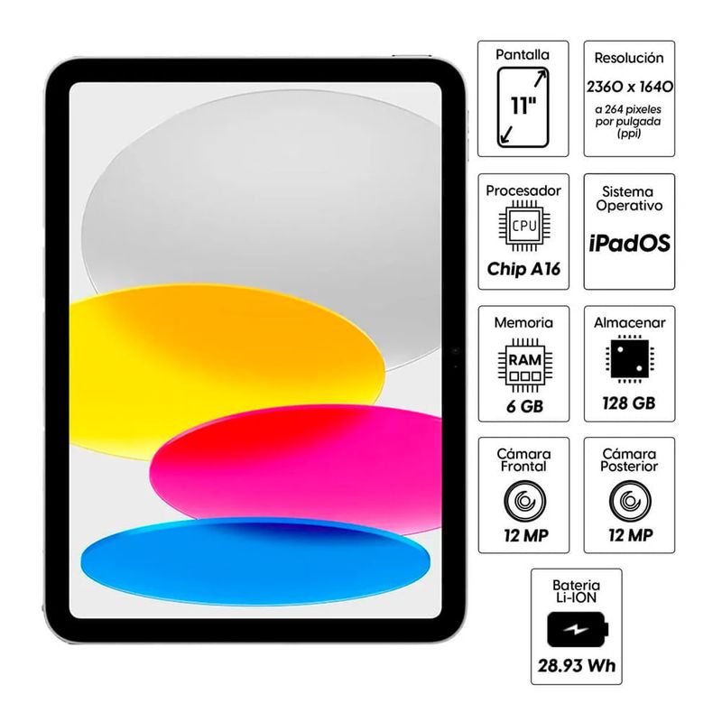 iPad 11" 2025 con Chip A16 Bionic en color silver, con pantalla Liquid Retina de borde a borde y ficha técnica destacando sus 6GB de RAM, 128GB de almacenamiento y batería de larga duración, mostrado en vista frontal fondo blanco