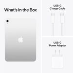 iPad 11" 2025 con Chip A16 Bionic y contenido de empaque, incluyendo cable de carga USB-C y adaptador de corriente USB-C, mostrado en una composición informativa "What's in the Box" fondo blanco