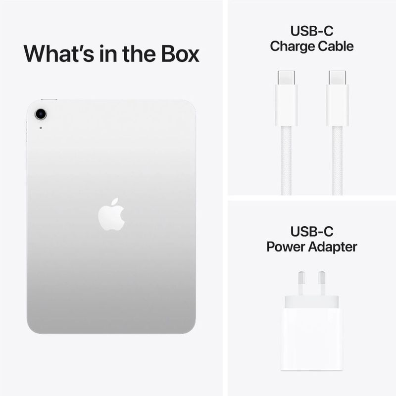 iPad 11" 2025 con Chip A16 Bionic y contenido de empaque, incluyendo cable de carga USB-C y adaptador de corriente USB-C, mostrado en una composición informativa "What's in the Box" fondo blanco