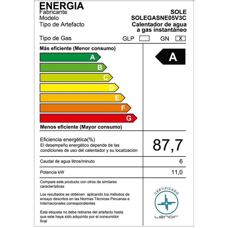Calentador Sole Control Total 5.5L GN pantalla LED blanco detalle características