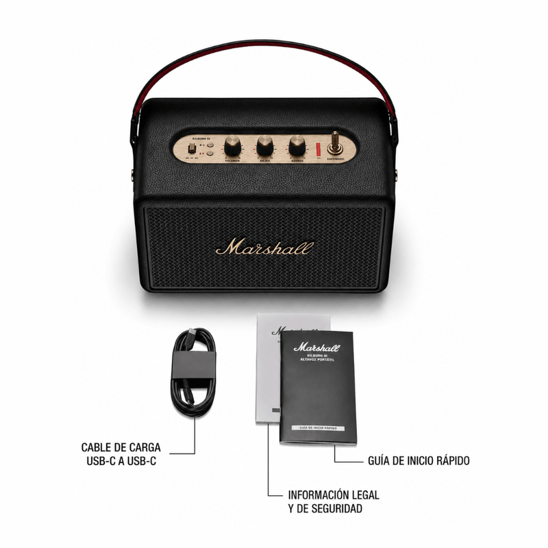 Parlante Marshall Kilburn III Bluetooth 360° IP54 negro contenido de caja