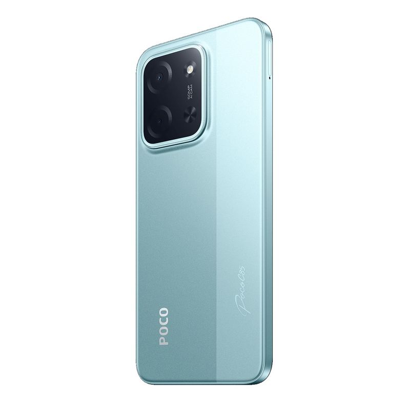 Celular Xiaomi Poco C85 128GB 6GB RAM pantalla 6.9 verde dorsal oblicuo