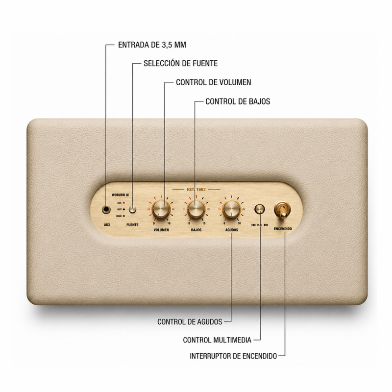Parlante Marshall Woburn III 150 W Bluetooth HDMI crema controles