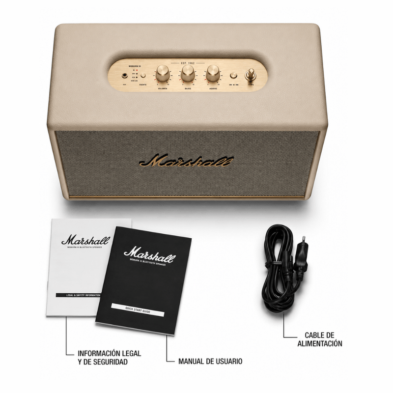Parlante Marshall Woburn III 150 W Bluetooth HDMI crema contenido de caja