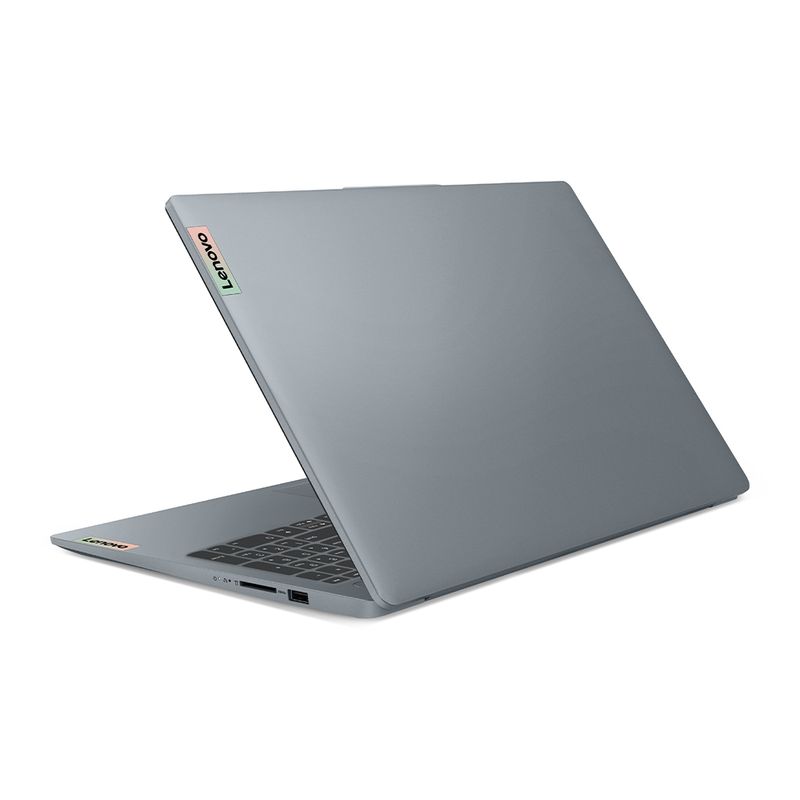 Laptop Lenovo IdeaPad Slim 3 Ryzen 5 8GB 512GB gris dorsal oblicuo