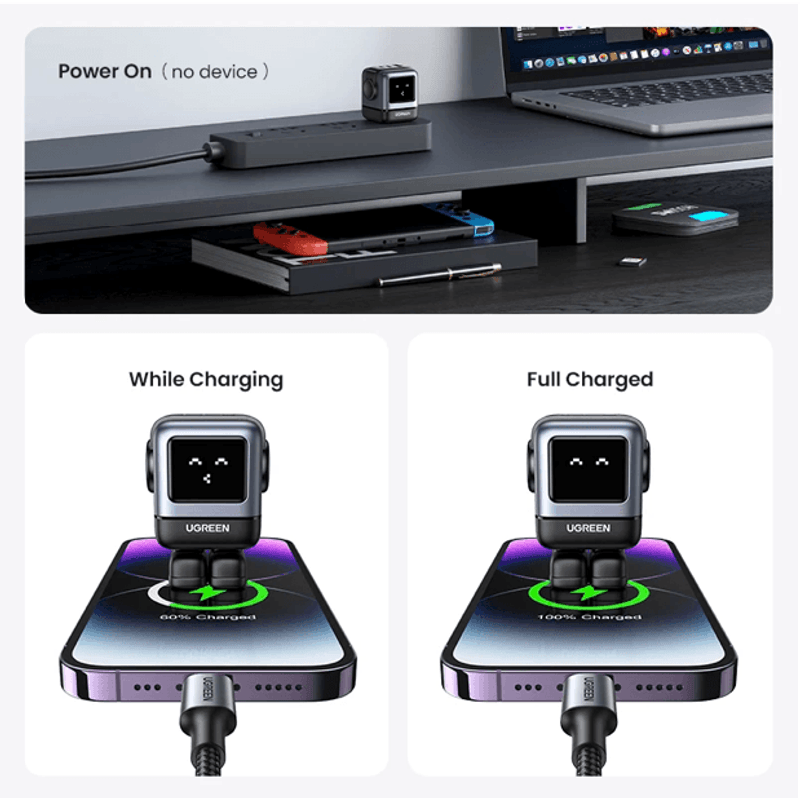 Cargador UGREEN Robot GaN USB-C 30W para iPhone Android frontal oblicuo beneficio