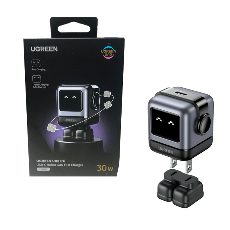 Cargador UGREEN Robot GaN USB-C 30W para iPhone Android frontal oblicuo