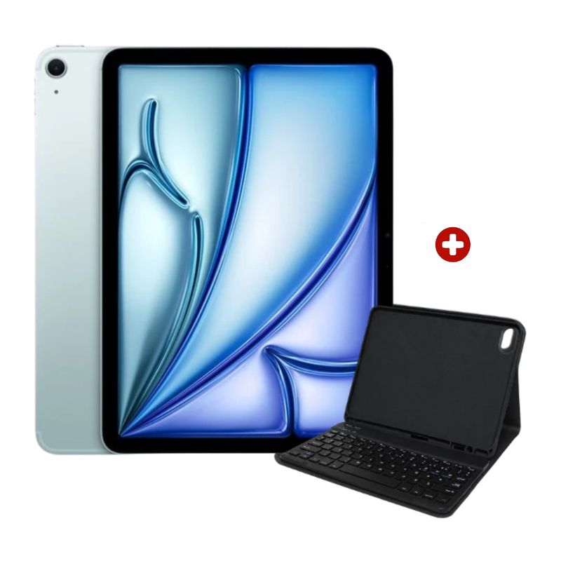 iPad Air 11 pulgadas M4 128GB cámaras 12MP Blue + Smart Keyboard frontal oblicuo