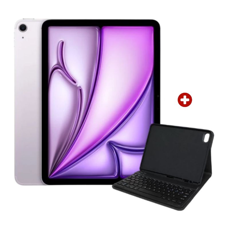 iPad Air 11 M4 128GB cámaras 12MP Purple + Smart Keyboard frontal oblicuo