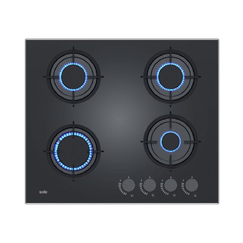 Mesa de cocción Sole a gas 4 hornillas vidrio templado negro frontal