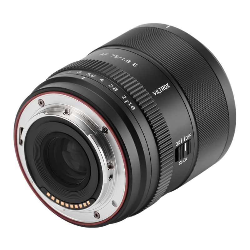 Lente Viltrox AF 75mm f/1.8 EVO E Sony APS-C dorsal oblicuo