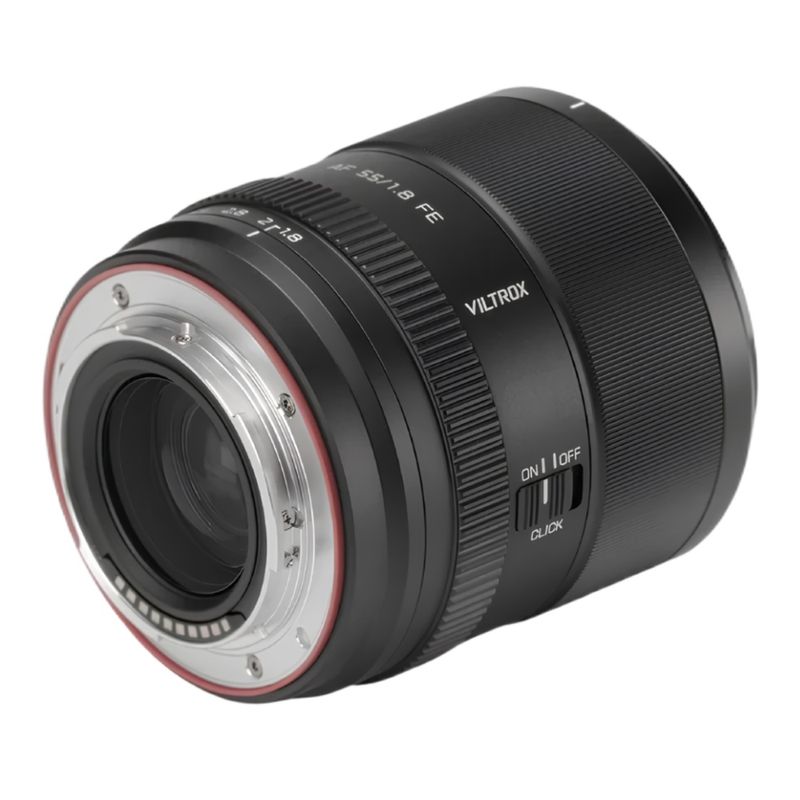 Lente Viltrox AF 55mm f/1.8 EVO FE Sony Full Frame dorsal oblicuo