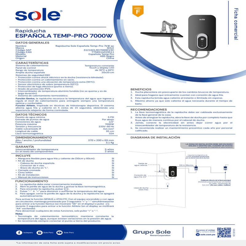 Rapiducha española Sole Temp-pro 7000W panel touch LED negro especificaciones