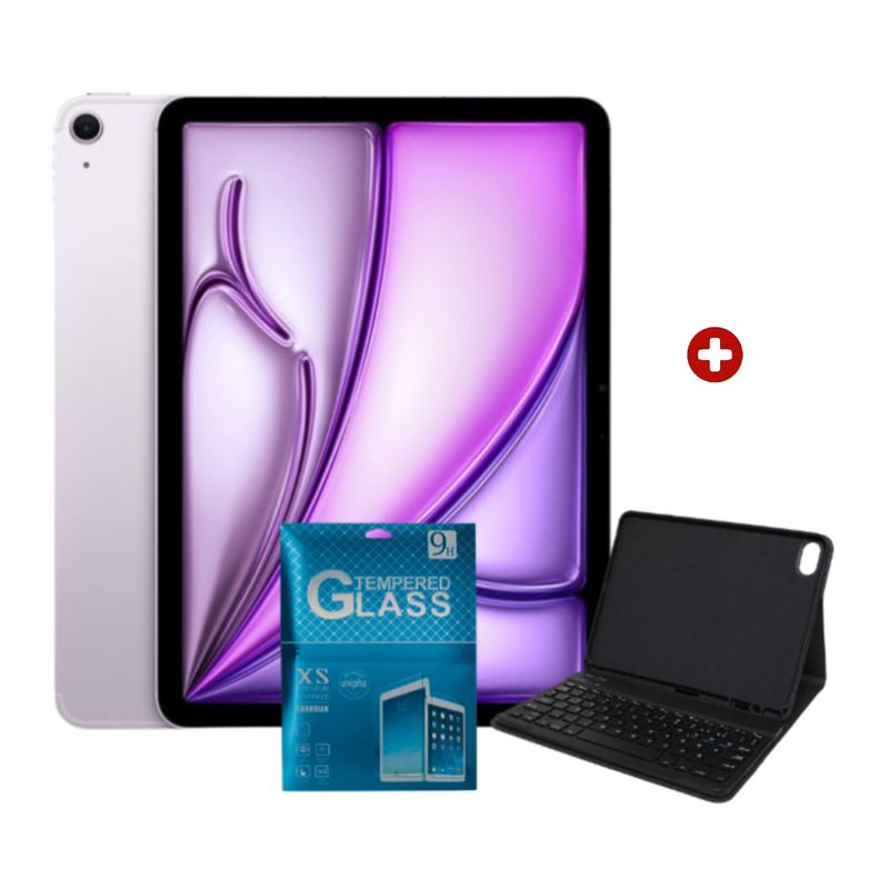iPad Air 11 pulgadas M4 128GB Purple frontal y dorsal con Keyboard y Mica