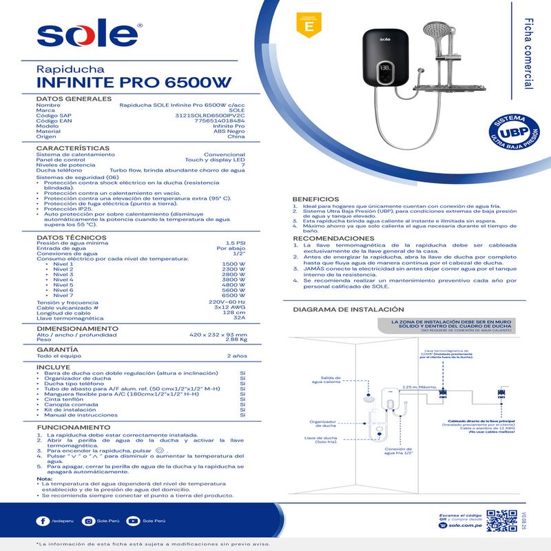 Rapiducha Sole Infinite Pro 6500W panel touch LED negro especificaciones