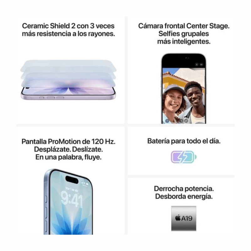 iPhone 17 eSIM 5G 256GB OLED 6.3" chip A19 USB Tipo-C verde funciones