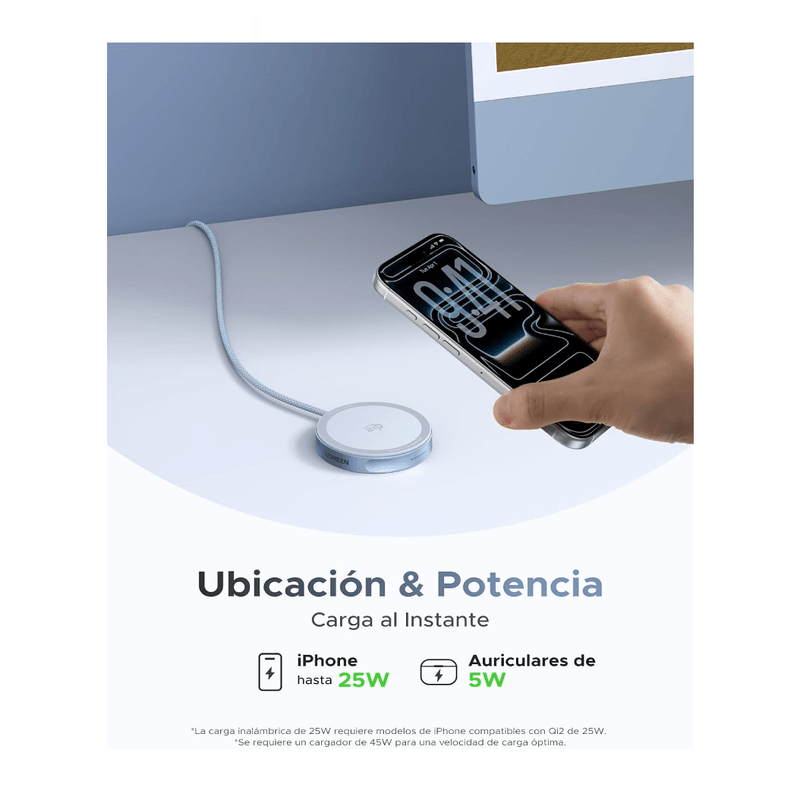 Base de carga UGREEN W753 MagSafe Qi2 25W USB-C silver características