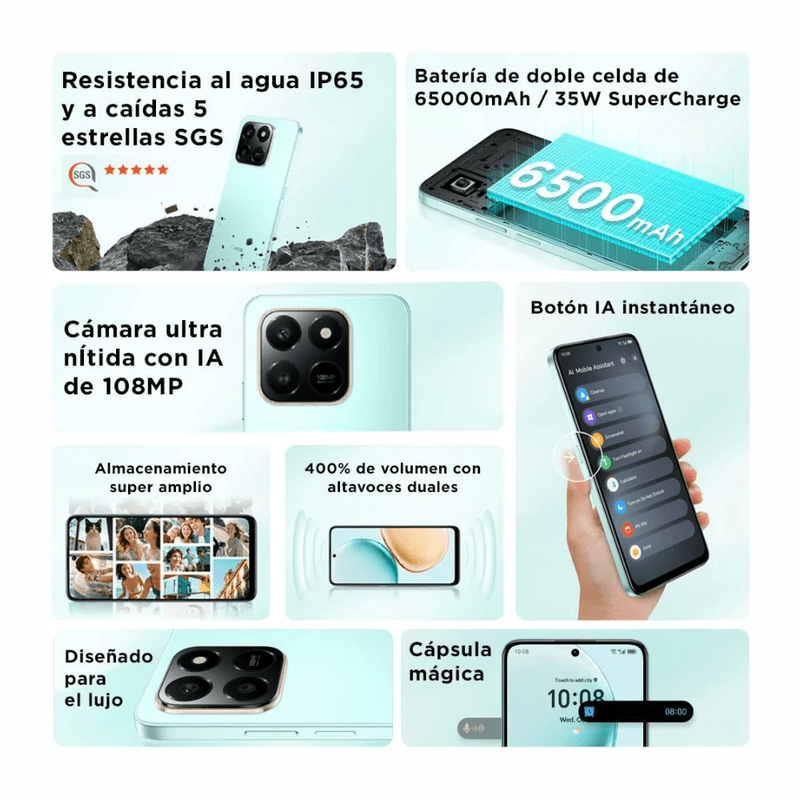 Celular Honor X7d 4G 256GB 8GB RAM cámara 108MP IP65 negro especificaciones