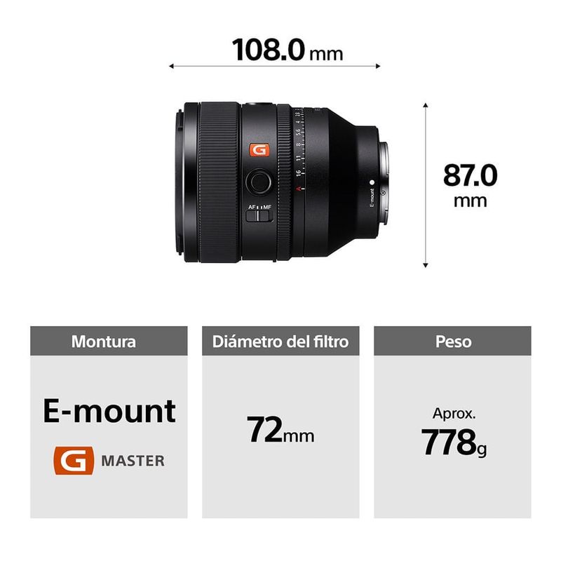 Lente Sony SEL50F12GM 50 mm F1.2 G Master Full Frame especificaciones